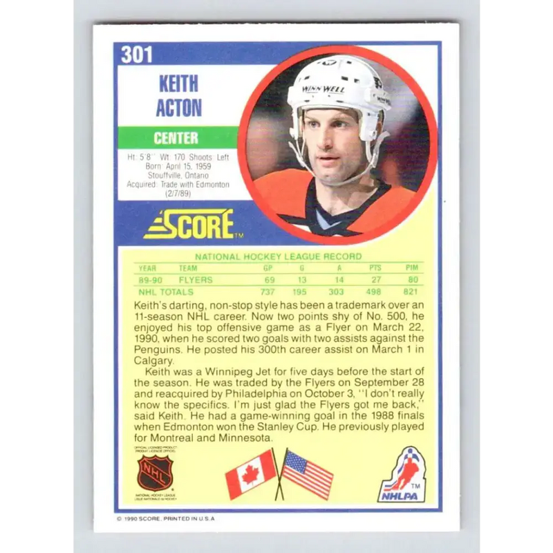 1990-91 Score #301 Keith Acton NM-MT Philadelphia Flyers Hockey Card - Hockey Card Single