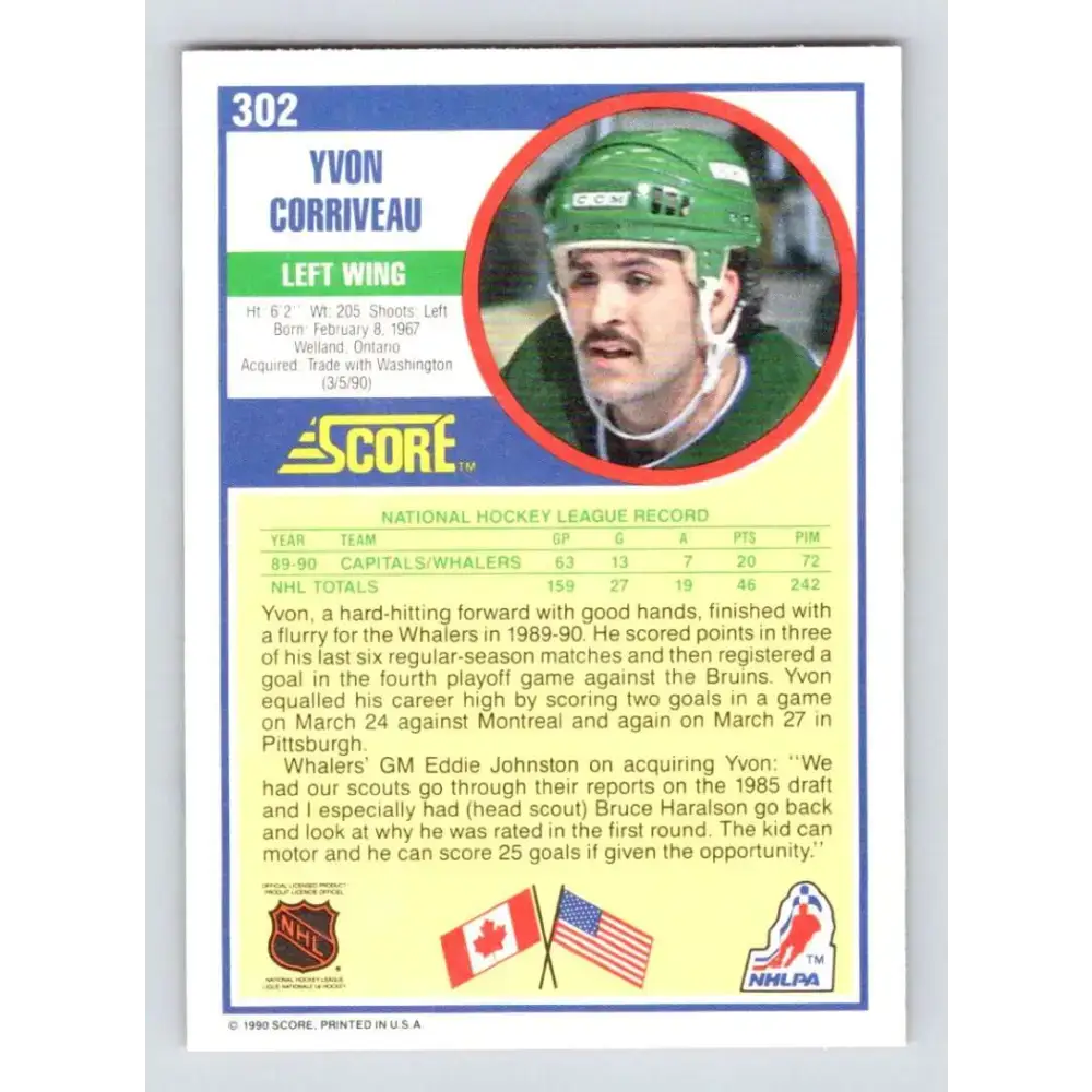 1990-91 Score #302 Yvon Corriveau NM-MT RC Rookie Hartford Whalers Hockey Card - Hockey Card Single