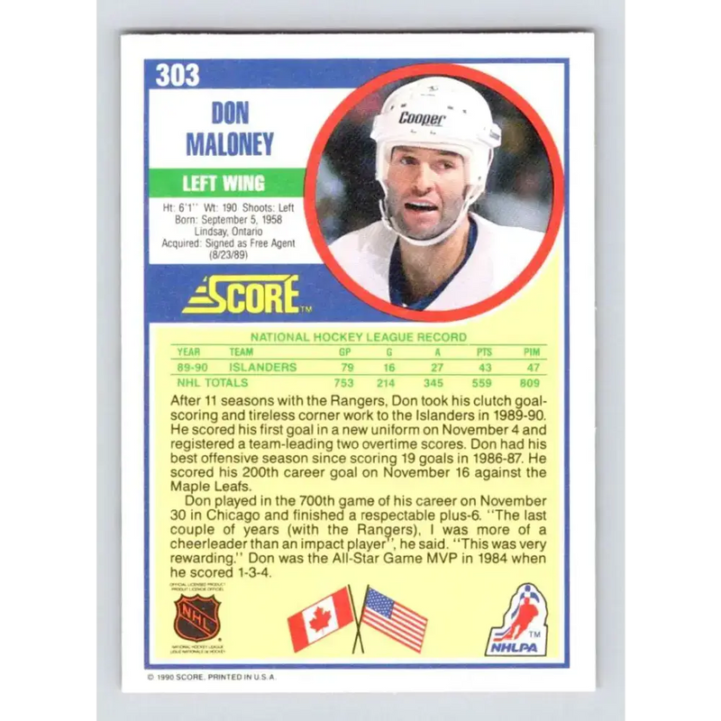 1990-91 Score #303 Don Maloney NM-MT New York Islanders Hockey Card - Hockey Card Single
