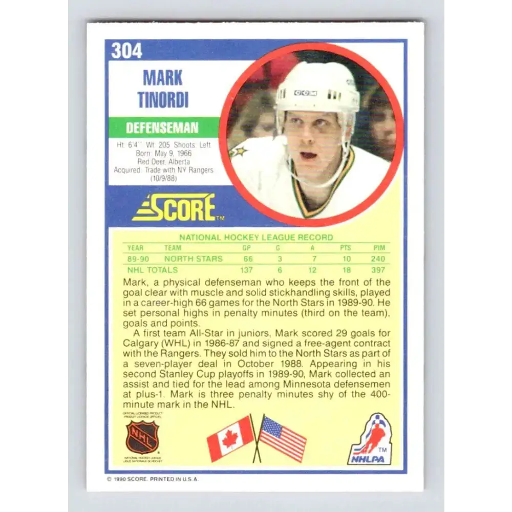 1990-91 Score #304 Mark Tinordi NM-MT RC Rookie Minnesota North Stars Hockey Card - Hockey Card Single