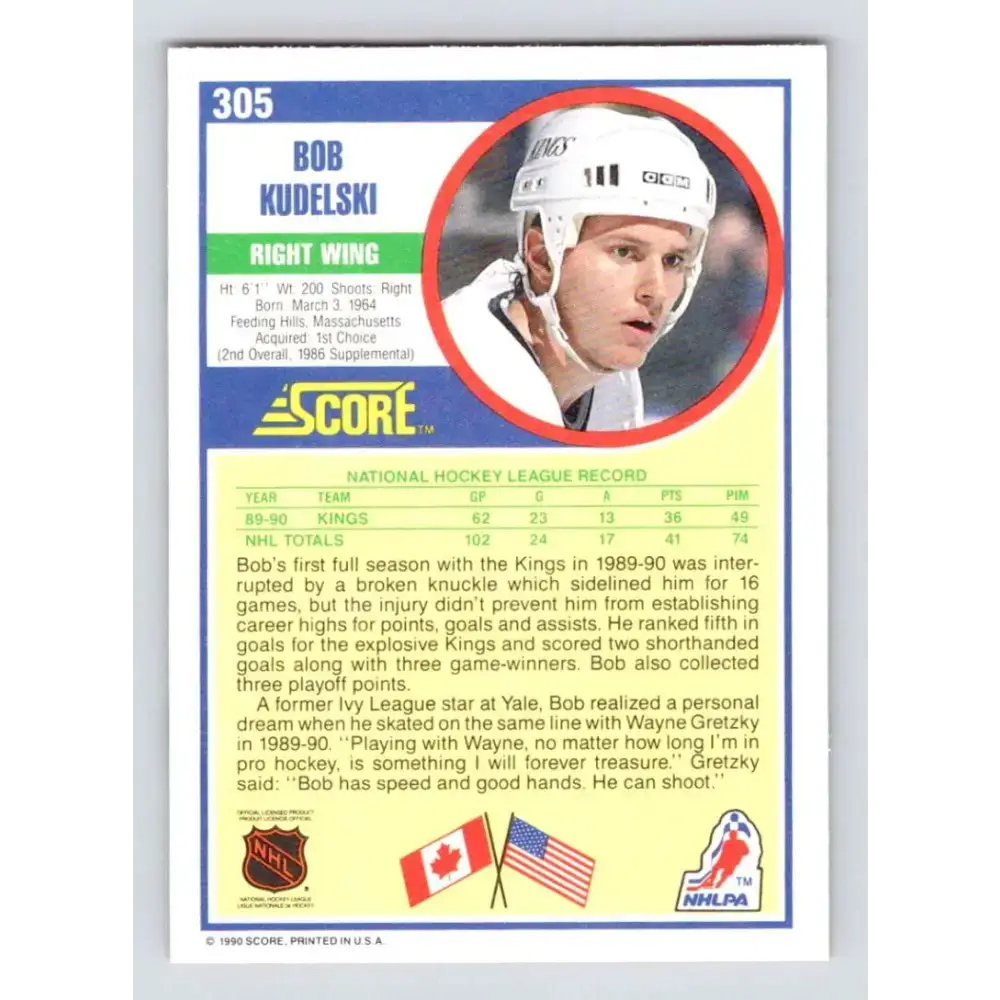 1990-91 Score #305 Bob Kudelski NM-MT RC Rookie Los Angeles Kings Hockey Card - Hockey Card Single