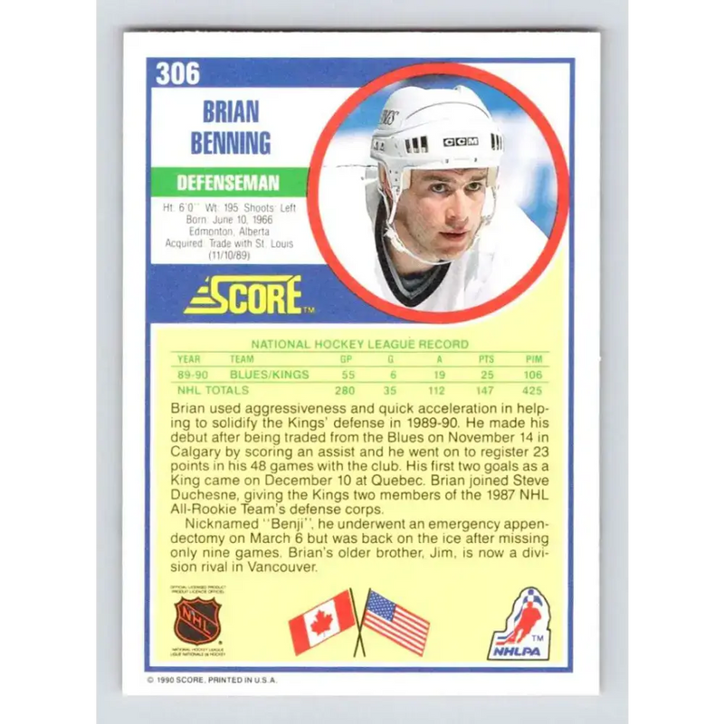 1990-91 Score #306 Brian Benning NM-MT Los Angeles Kings Hockey Card - Hockey Card Single