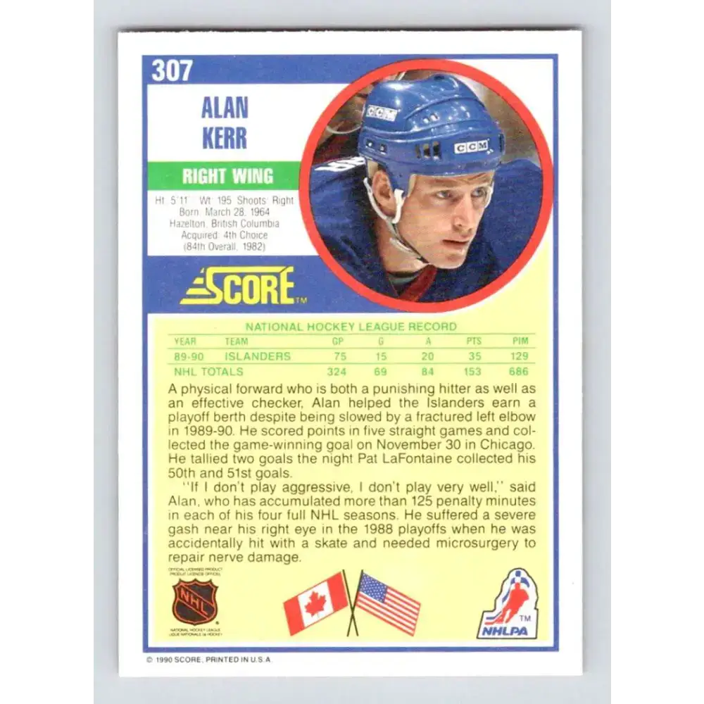 1990-91 Score #307 Alan Kerr NM-MT New York Islanders Hockey Card - Hockey Card Single