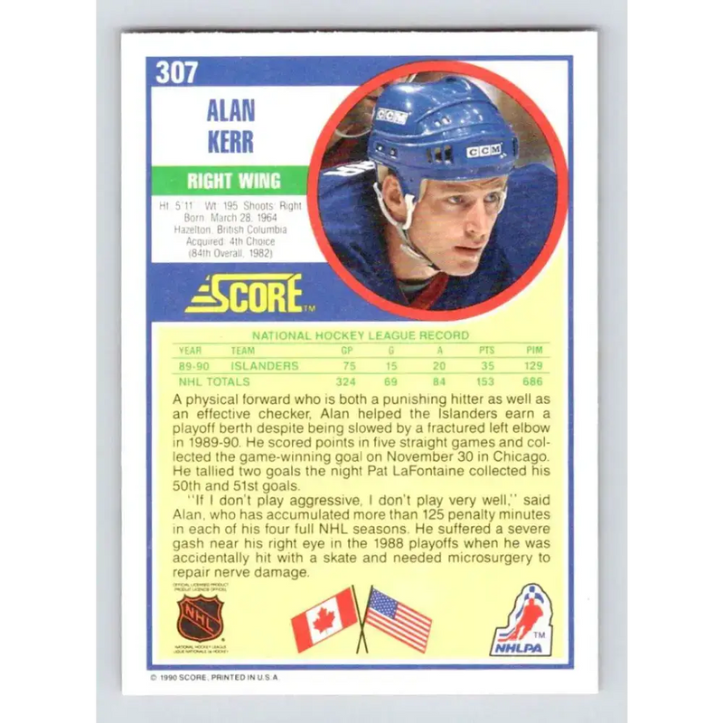 1990-91 Score #307 Alan Kerr NM-MT New York Islanders Hockey Card - Hockey Card Single