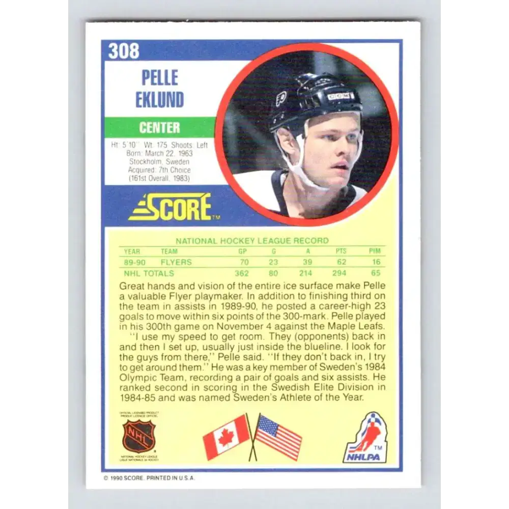 1990-91 Score #308 Pelle Eklund NM-MT Philadelphia Flyers Hockey Card - Hockey Card Single