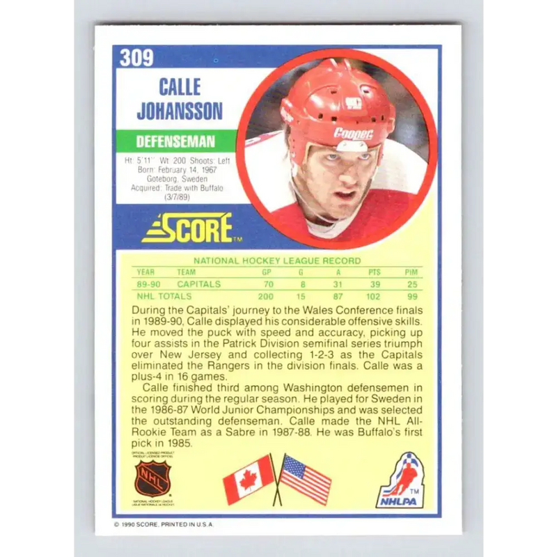 1990-91 Score #309 Calle Johansson NM-MT Washington Capitals Hockey Card - Hockey Card Single