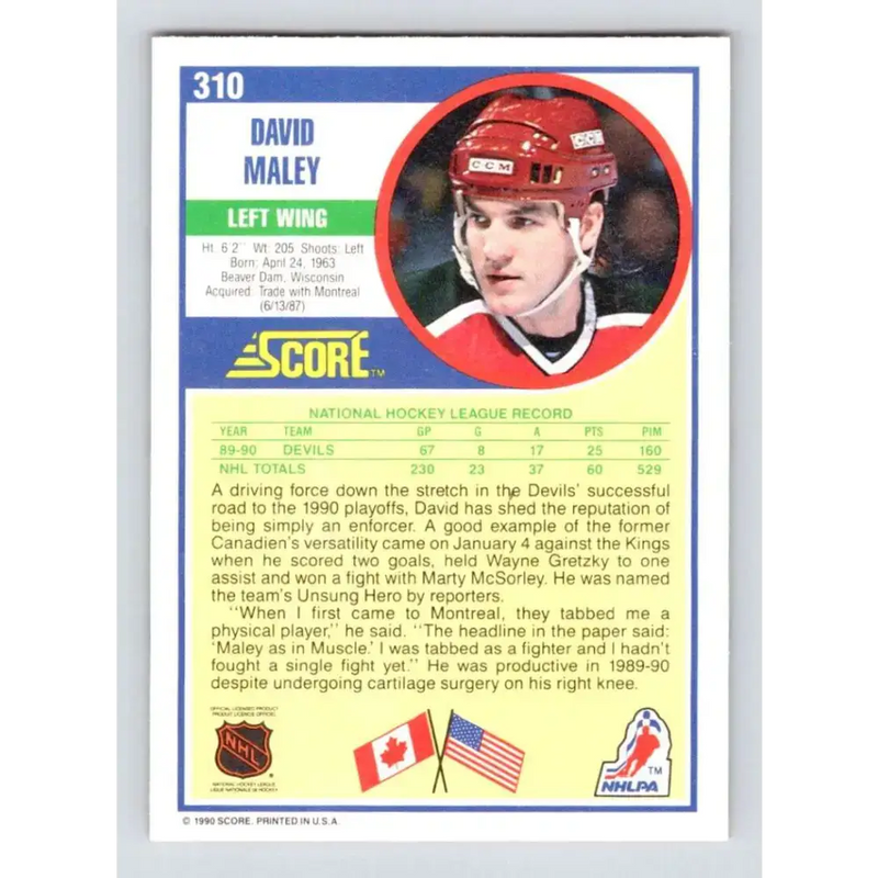 1990-91 Score #310 David Maley NM-MT RC Rookie New Jersey Devils Hockey Card - Hockey Card Single