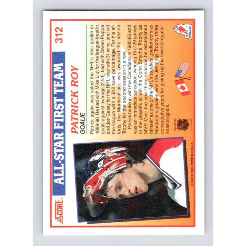 1990-91 Score #312 Patrick Roy NM-MT Montreal Canadiens Hockey Card - Hockey Card Single