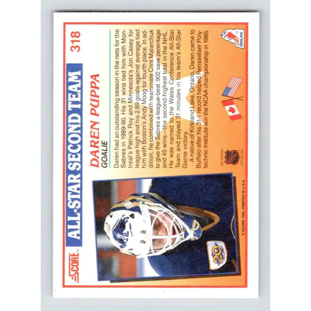 1990-91 Score #318 Daren Puppa NM-MT Buffalo Sabres Hockey Card - Hockey Card Single