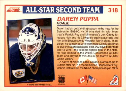 1990-91 Score #318 Daren Puppa NM Near Mint Sabres AS ID:46049 - Hockey Card Single