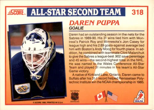 1990-91 Score #318 Daren Puppa NM Near Mint Sabres AS ID:46058 - Hockey Card Single