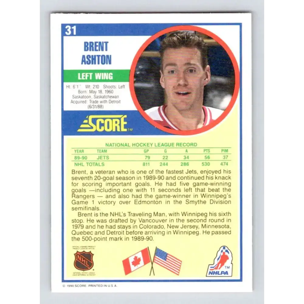 1990-91 Score #31b Brent Ashton NM-MT Winnipeg Jets Hockey Card - Hockey Card Single