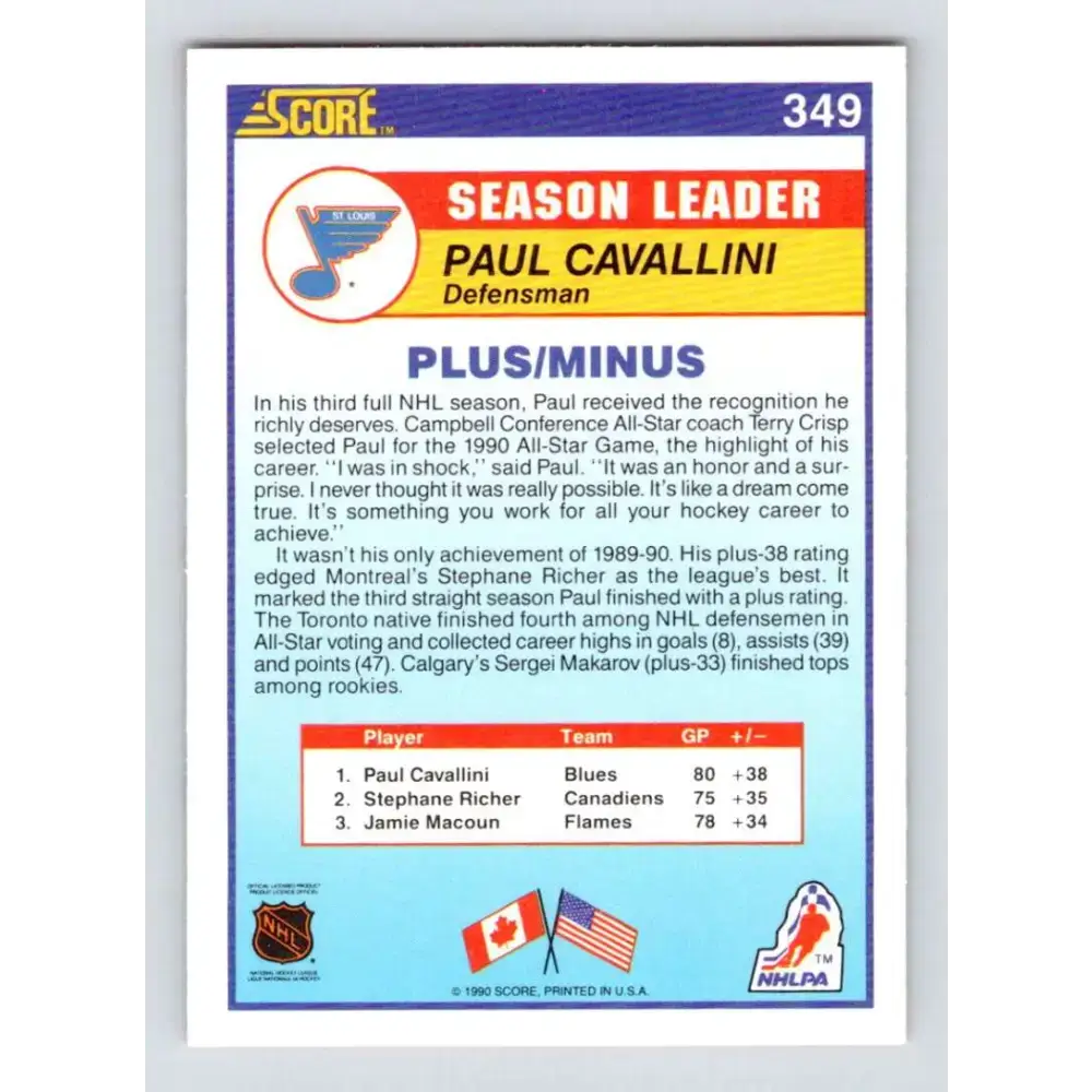 1990-91 Score #349 Paul Cavallini NM-MT St. Louis Blues Hockey Card - Hockey Card Single