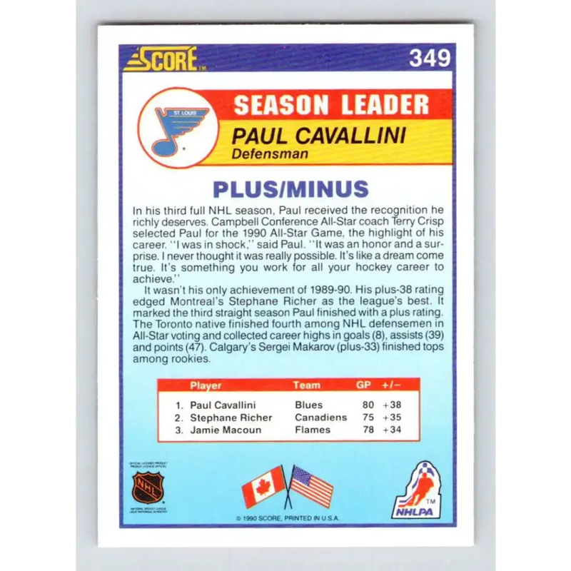 1990-91 Score #349 Paul Cavallini NM-MT St. Louis Blues Hockey Card - Hockey Card Single
