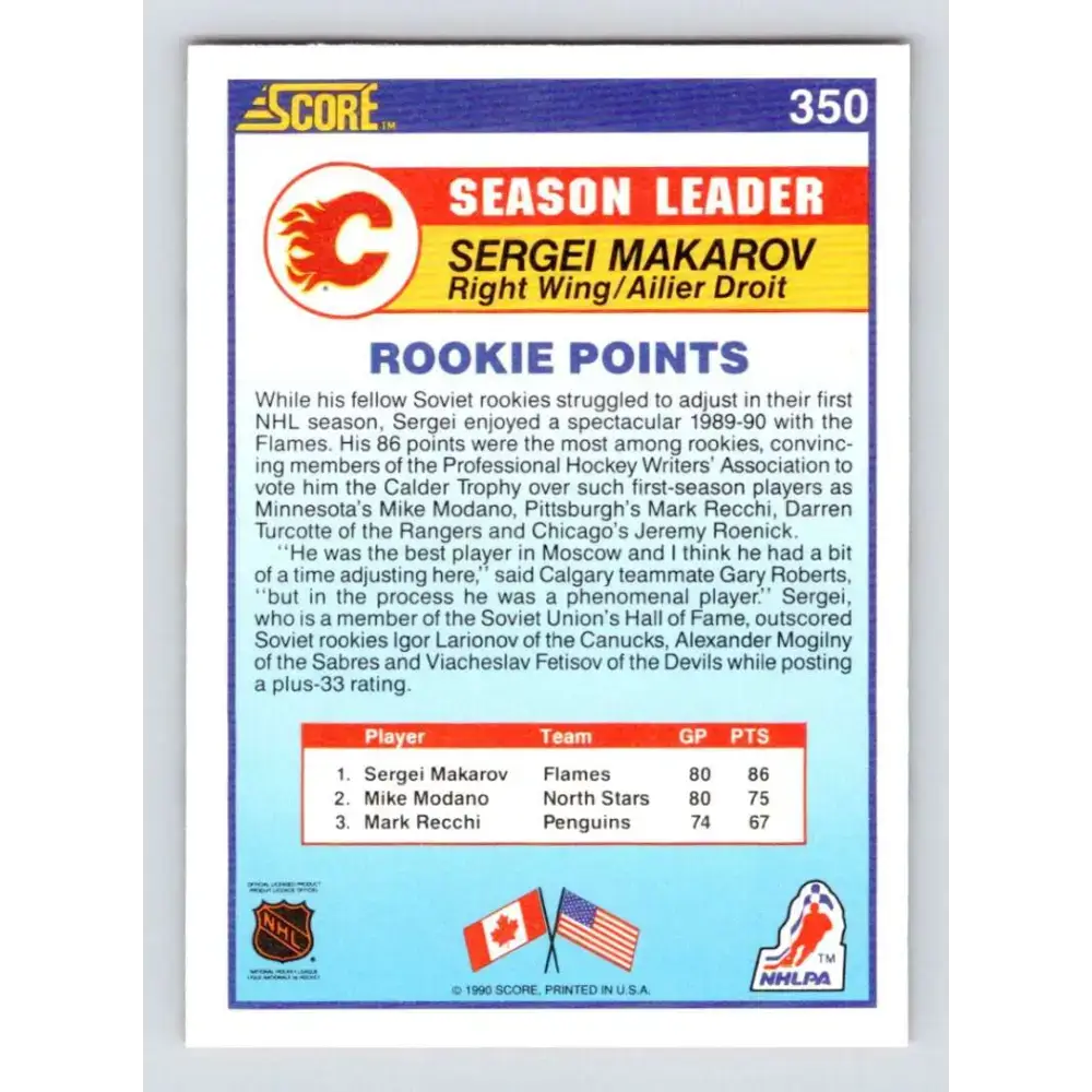1990-91 Score #350 Sergei Makarov NM-MT Calgary Flames Hockey Card - Hockey Card Single