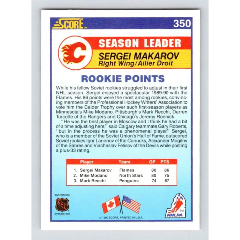 1990-91 Score #350 Sergei Makarov NM-MT Calgary Flames Hockey Card - Hockey Card Single