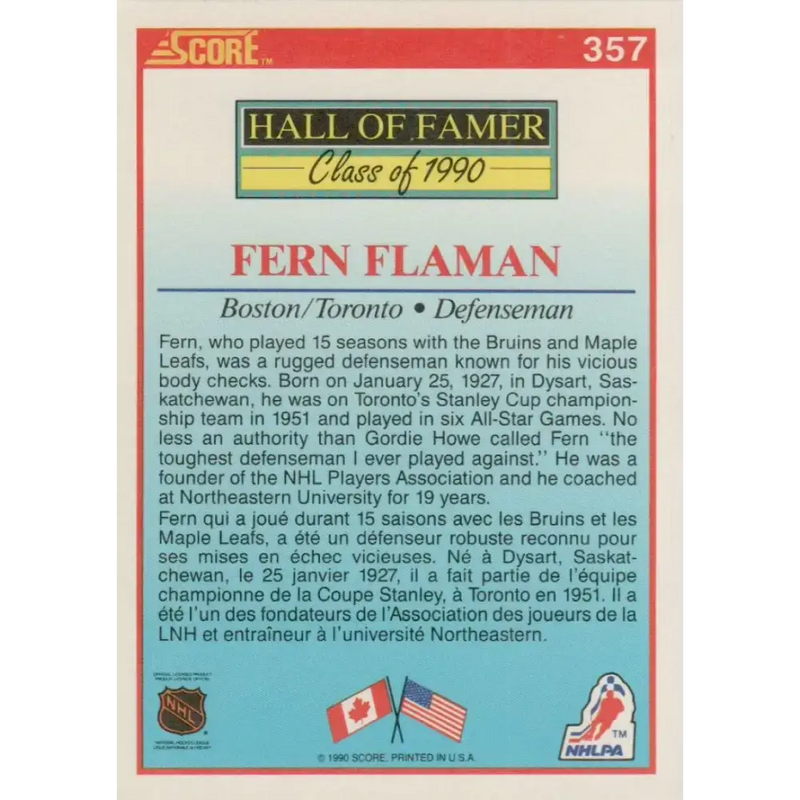 1990-91 Score #357 Fern Flaman NM-MT Boston Bruins Hockey Card - Hockey Card Single