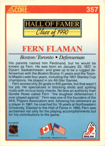 1990-91 Score #357 Fern Flaman NM Near Mint Bruins HOF ID:46046 - Hockey Card Single