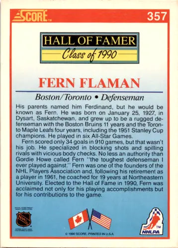 1990-91 Score #357 Fern Flaman NM Near Mint Bruins HOF ID:46047 - Hockey Card Single