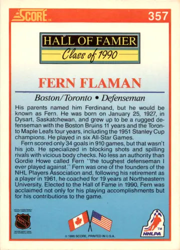 1990-91 Score #357 Fern Flaman NM Near Mint Bruins HOF ID:46048 - Hockey Card Single