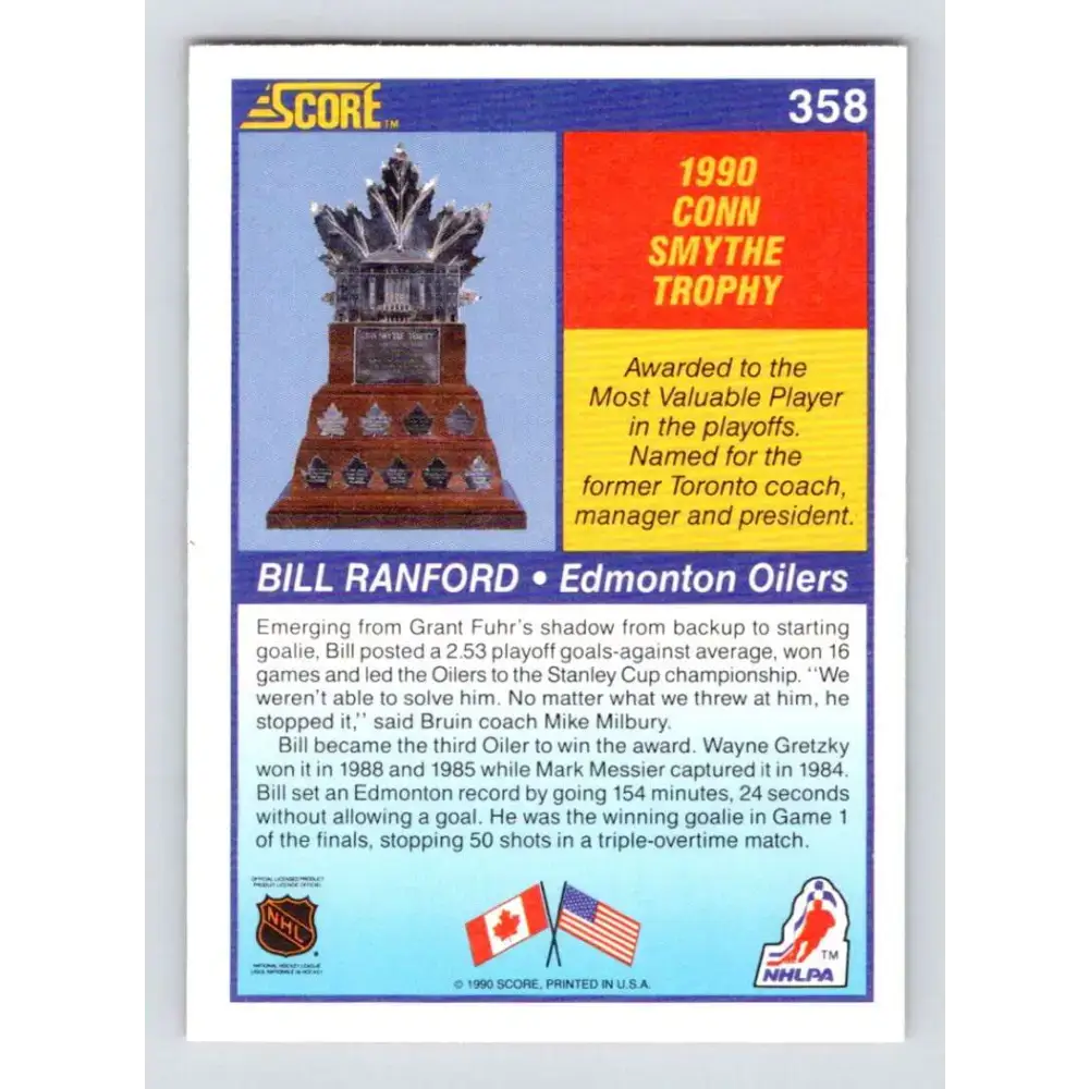 1990-91 Score #358 Bill Ranford NM-MT Edmonton Oilers Hockey Card - Hockey Card Single