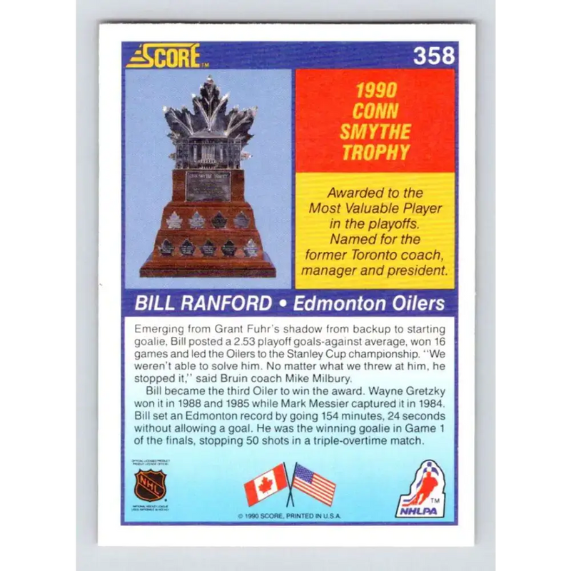 1990-91 Score #358 Bill Ranford NM-MT Edmonton Oilers Hockey Card - Hockey Card Single