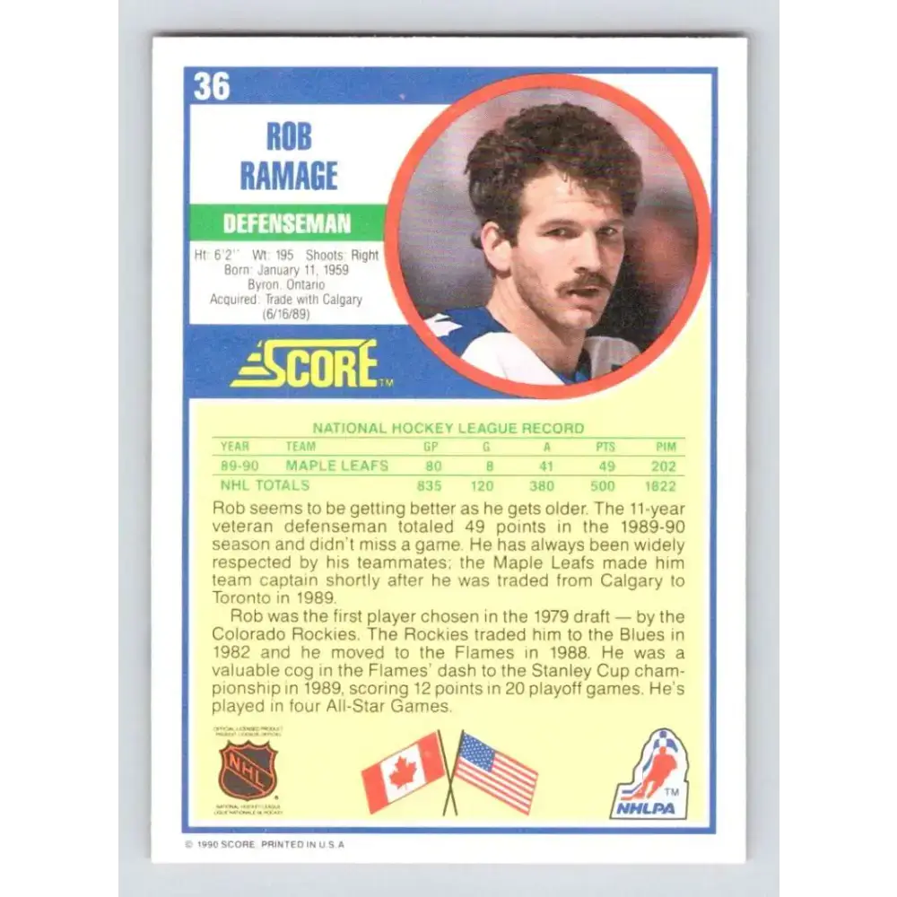 1990-91 Score #36 Rob Ramage NM-MT Toronto Maple Leafs Hockey Card - Hockey Card Single