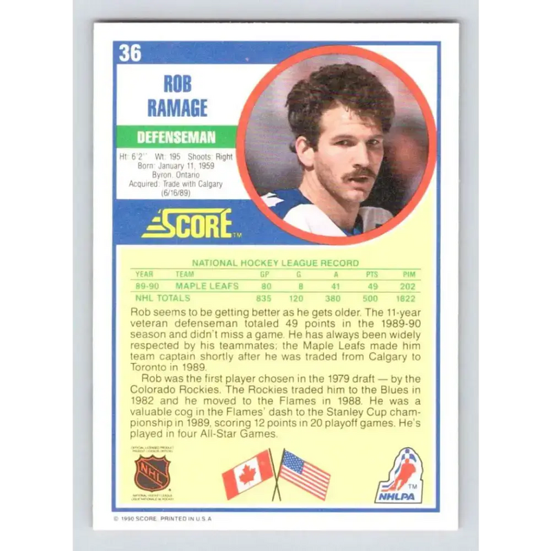 1990-91 Score #36 Rob Ramage NM-MT Toronto Maple Leafs Hockey Card - Hockey Card Single