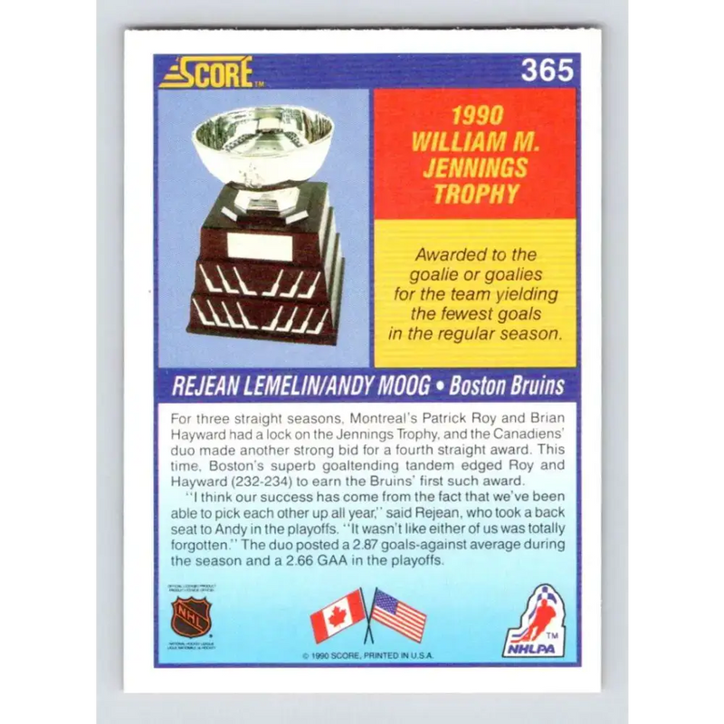 1990-91 Score #365 Reggie Lemelin/Andy Moog NM-MT Boston Bruins Hockey Card - Hockey Card Single