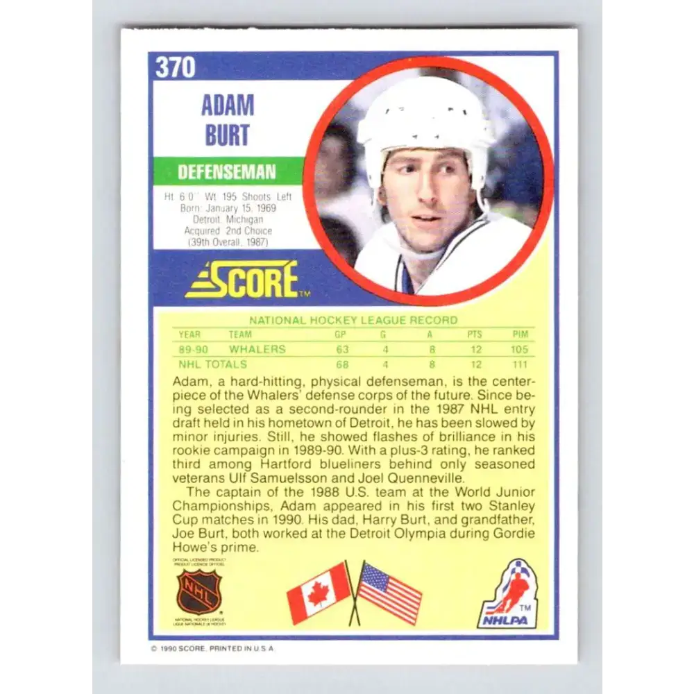 1990-91 Score #370 Adam Burt NM-MT RC Rookie Hartford Whalers Hockey Card - Hockey Card Single
