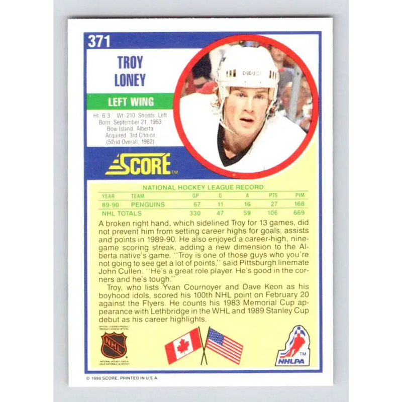 1990-91 Score #371 Troy Loney NM-MT RC Rookie Pittsburgh Penguins Hockey Card - Hockey Card Single
