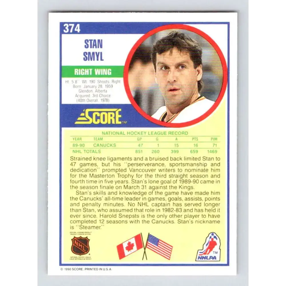 1990-91 Score #374 Stan Smyl NM-MT Vancouver Canucks Hockey Card - Hockey Card Single