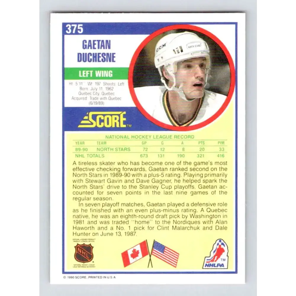 1990-91 Score #375 Gaetan Duchesne NM-MT Minnesota North Stars Hockey Card - Hockey Card Single