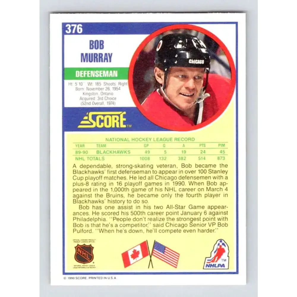 1990-91 Score #376 Bob Murray NM-MT Chicago Blackhawks Hockey Card - Hockey Card Single