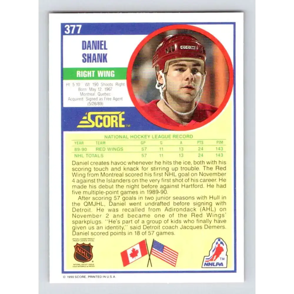 1990-91 Score #377 Daniel Shank NM-MT RC Rookie Detroit Red Wings Hockey Card