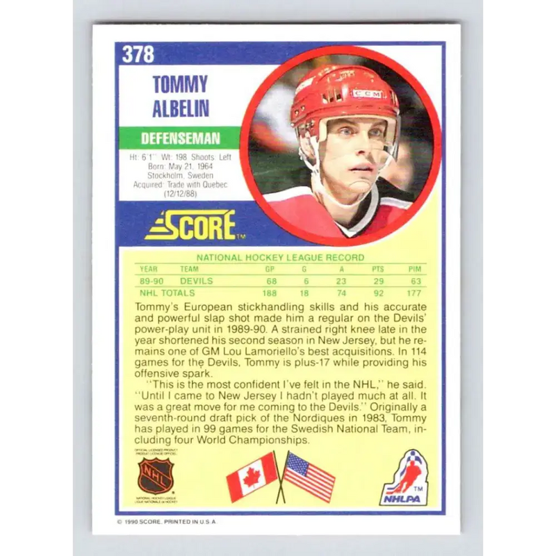 1990-91 Score #378 Tommy Albelin NM-MT New Jersey Devils Hockey Card - Hockey Card Single