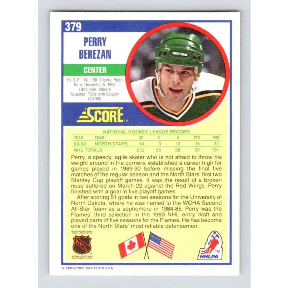 1990-91 Score #379 Perry Berezan NM-MT RC Rookie Minnesota North Stars Hockey Card - Hockey Card Single