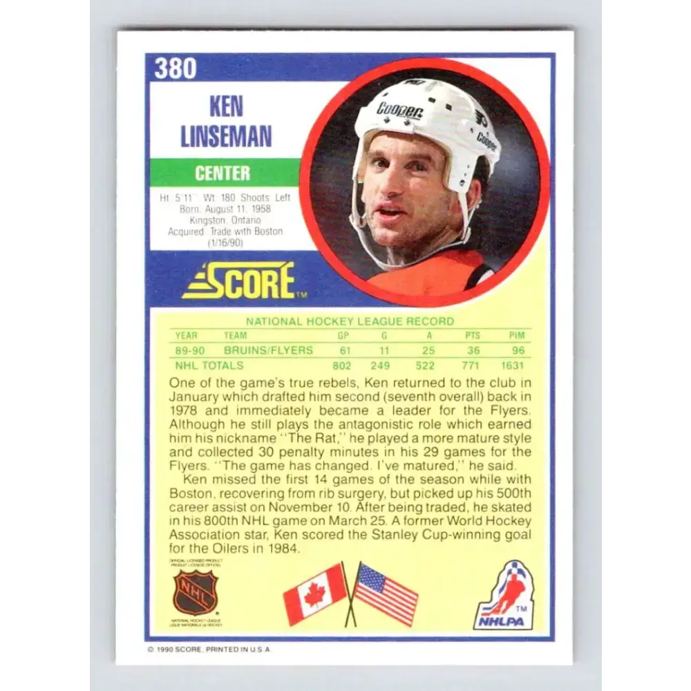 1990-91 Score #380 Ken Linseman NM-MT Philadelphia Flyers Hockey Card - Hockey Card Single