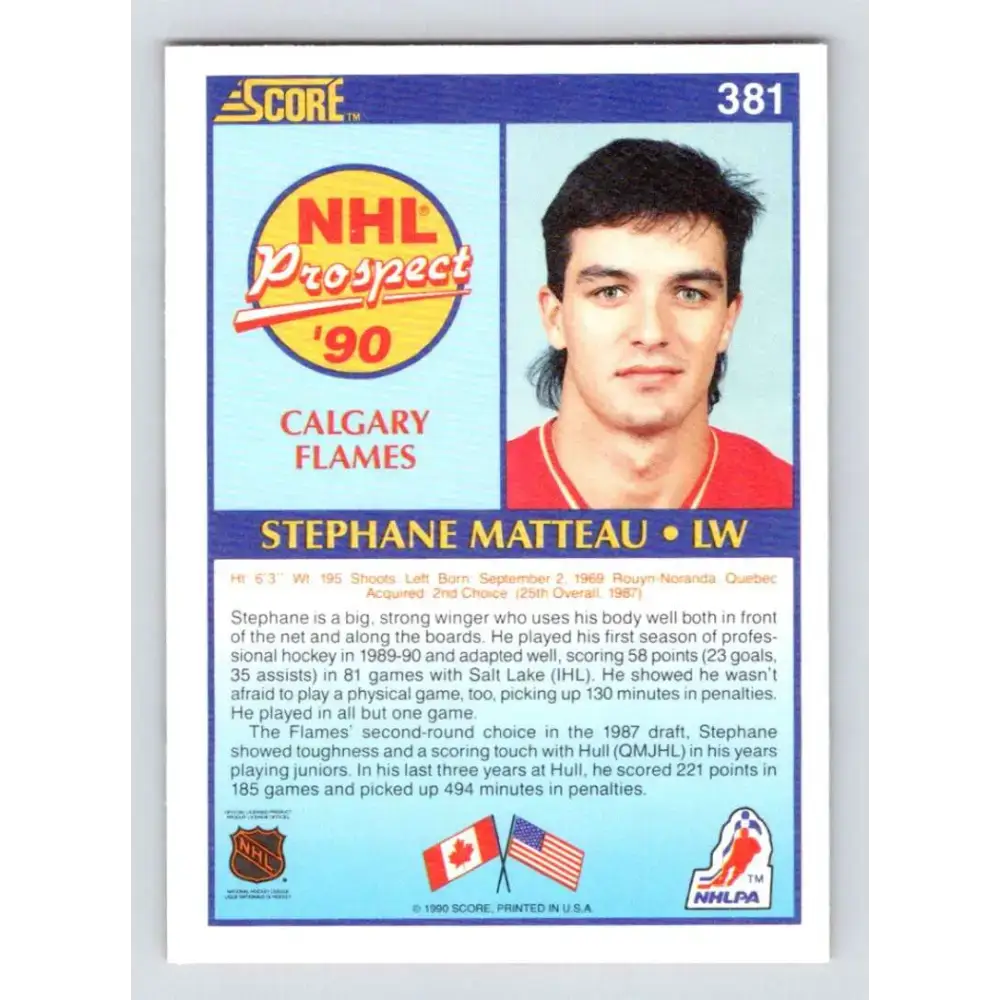 1990-91 Score #381 Stephane Matteau NM-MT RC Rookie Calgary Flames Hockey Card - Hockey Card Single