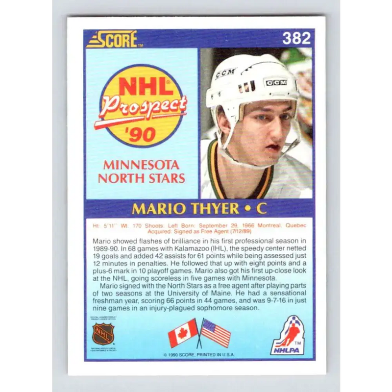 1990-91 Score #382 Mario Thyer NM-MT RC Rookie Minnesota North Stars Hockey Card - Hockey Card Single