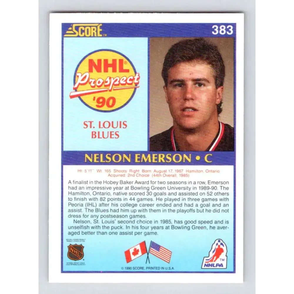 1990-91 Score #383 Nelson Emerson NM-MT RC Rookie St. Louis Blues Hockey Card - Hockey Card Single