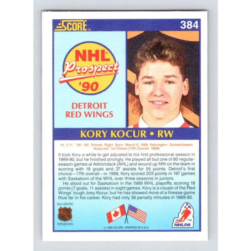 1990-91 Score #384 Kory Kocur NM-MT RC Rookie Detroit Red Wings Hockey Card