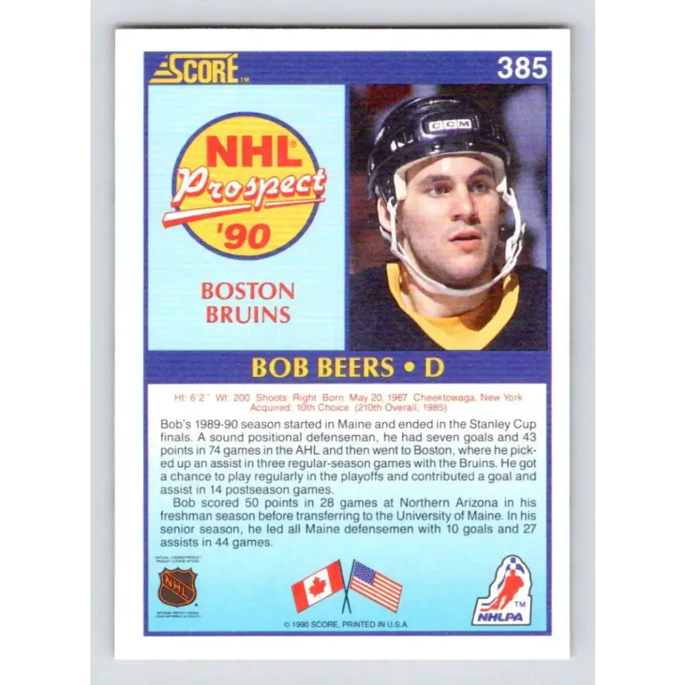 1990-91 Score #385 Bob Beers NM-MT RC Rookie Boston Bruins Hockey Card - Hockey Card Single