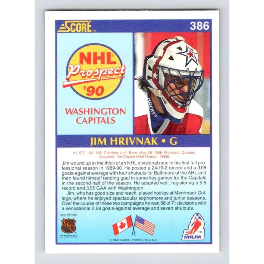 1990-91 Score #386 Jim Hrivnak NM-MT RC Rookie Washington Capitals Hockey Card - Hockey Card Single