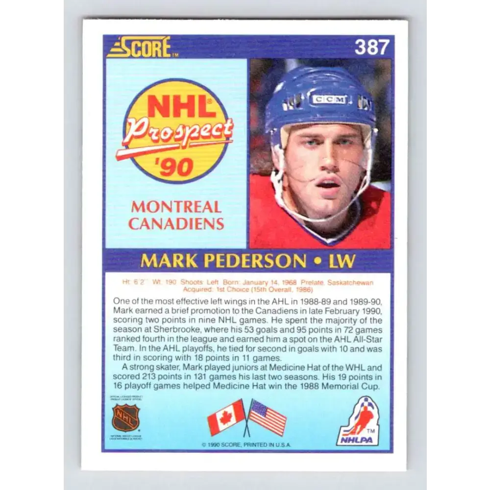 1990-91 Score #387 Mark Pederson NM-MT RC Rookie Montreal Canadiens Hockey Card - Hockey Card Single