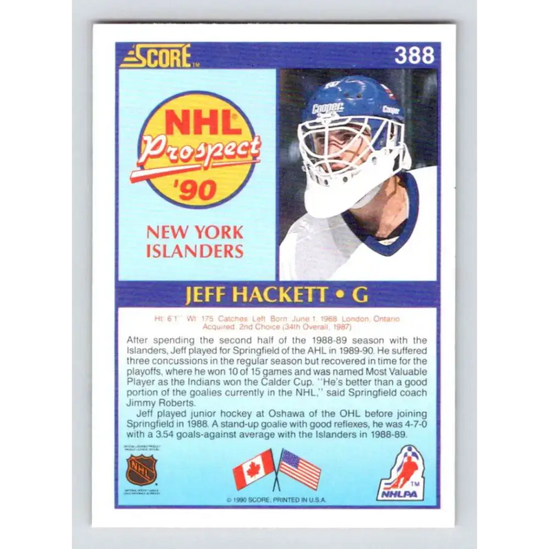 1990-91 Score #388 Jeff Hackett NM-MT RC Rookie New York Islanders Hockey Card - Hockey Card Single