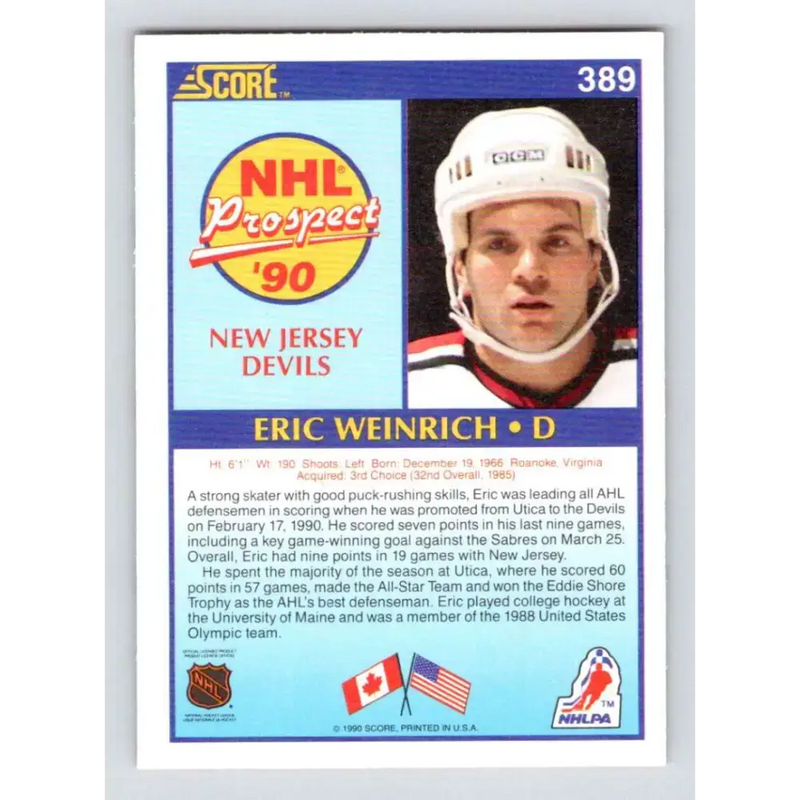 1990-91 Score #389 Eric Weinrich NM-MT RC Rookie New Jersey Devils Hockey Card
