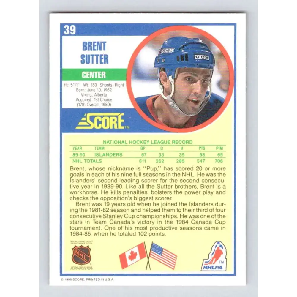 1990-91 Score #39 Brent Sutter NM-MT New York Islanders Hockey Card - Hockey Card Single