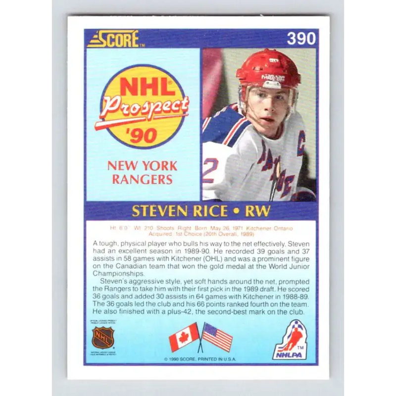 1990-91 Score #390 Steven Rice NM-MT RC Rookie Kitchener Rangers Hockey Card