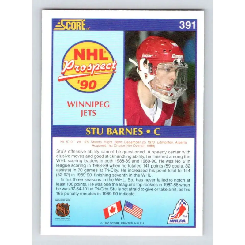 1990-91 Score #391 Stu Barnes NM-MT RC Rookie Winnipeg Jets Hockey Card - Hockey Card Single